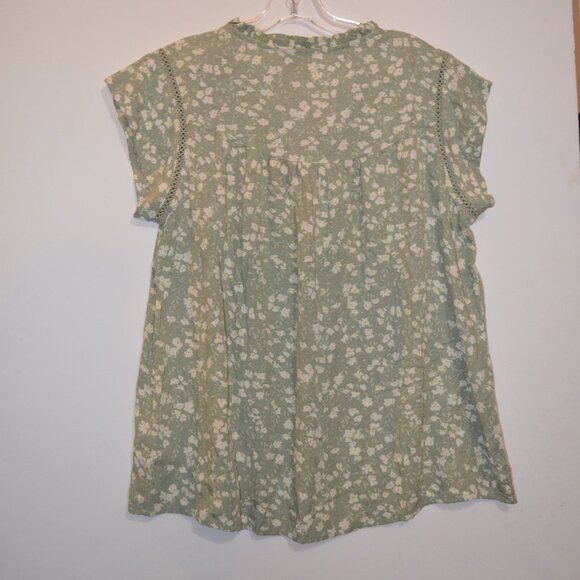 BUFFALO David Bitton Floral White on Green Short Sleeves Lace Tie Neck Blouse S - Picture 6 of 8
